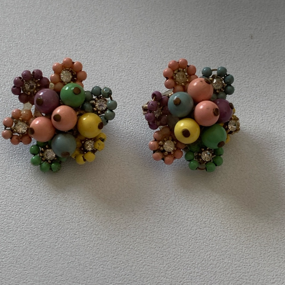 Multicolor Beaded Fruit Salad Pastel Vintage Floral Earrings